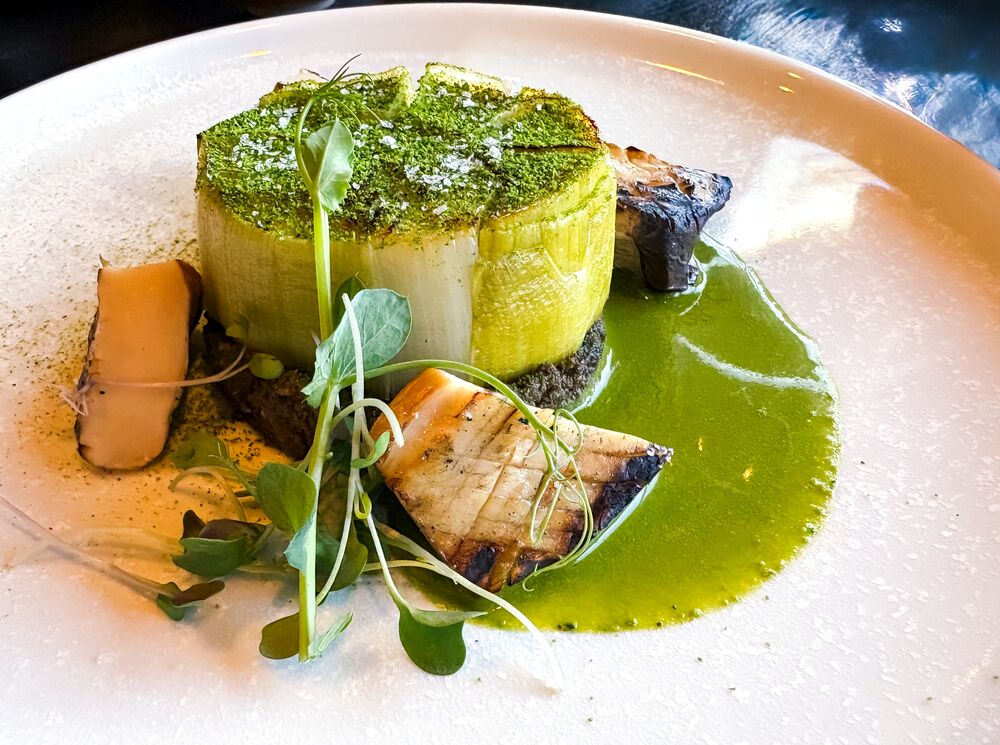 Grilled Leek Medallion on Stuffed Mushroom Pate at Juniper Bistro in Banff National Park.